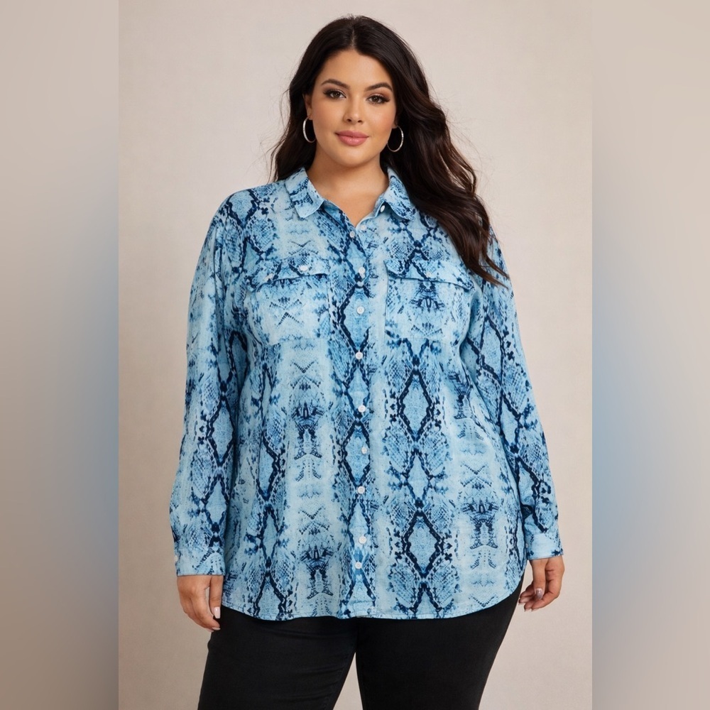 Blue Snake Skin Print Button Up Blouse